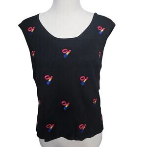 VTG Erin Matthews Embroidered Top Lips Lipstick Black Pink XL Sleeveless Kitch